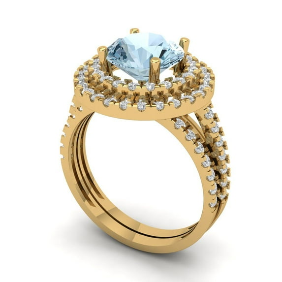2.68 ct Brilliant Round Cut Blue Zircon 18K Yellow Gold Halo Solitaire with Accents Engagement Bridal Wedding Ring Band Set size 11