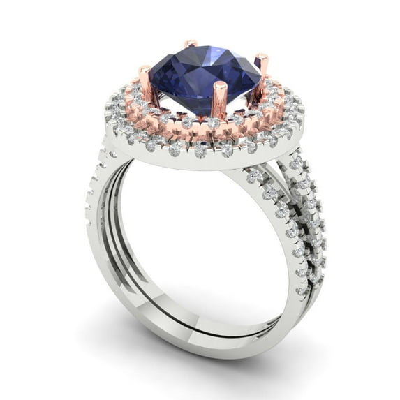 2.68 ct Brilliant Round Cut Blue Sapphire 14k White/Rose Gold Halo Solitaire with Accents Engagement Bridal Wedding Ring Band Set size 8.25