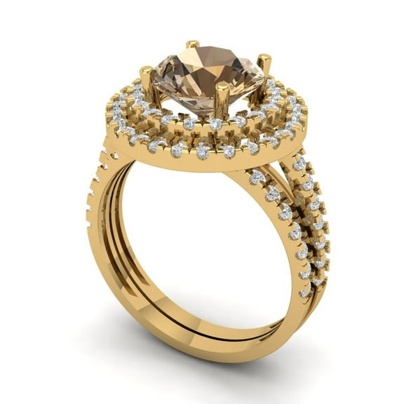 2.68 ct Brilliant Round Cut Champagne 14K Yellow Gold Halo Solitaire with Accents Engagement Bridal Wedding Ring Band Set size 5.25