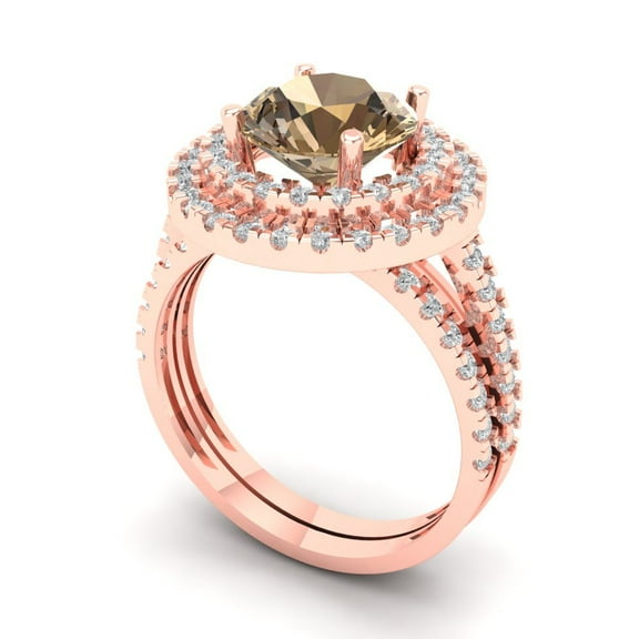 2.68 ct Brilliant Round Cut Champagne 18K Rose Gold Halo Solitaire with Accents Engagement Bridal Wedding Ring Band Set size 4.5