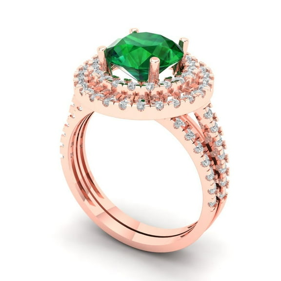 2.68 ct Brilliant Round Cut Emerald 14K Rose Gold Halo Solitaire with Accents Engagement Bridal Wedding Ring Band Set size 6.25
