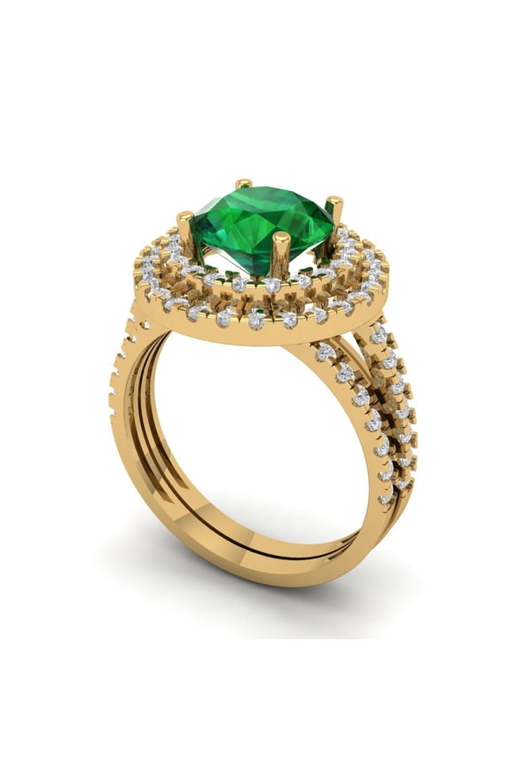 2.68 ct Brilliant Round Cut Emerald 14K Yellow Gold Halo Solitaire with Accents Engagement Bridal Wedding Ring Band Set size 4.5