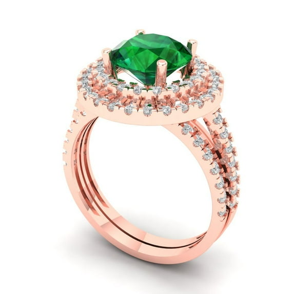 2.68 ct Brilliant Round Cut Emerald 18K Rose Gold Halo Solitaire with Accents Engagement Bridal Wedding Ring Band Set size 4.25