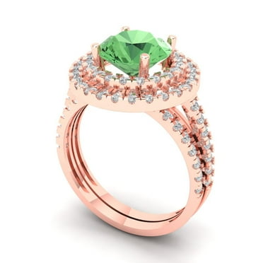 2.68 ct Brilliant Round Cut Green Zircon 14K Rose Gold Halo Solitaire with Accents Engagement Bridal Wedding Ring Band Set size 7