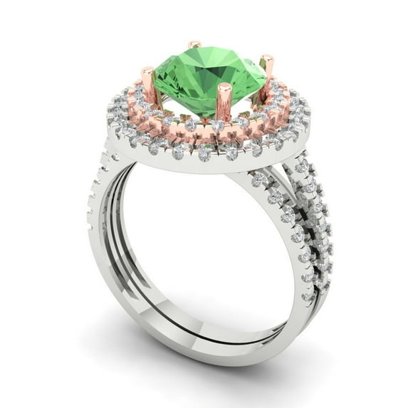2.68 ct Brilliant Round Cut Green Zircon 14k White/Rose Gold Halo Solitaire with Accents Engagement Bridal Wedding Ring Band Set size 8