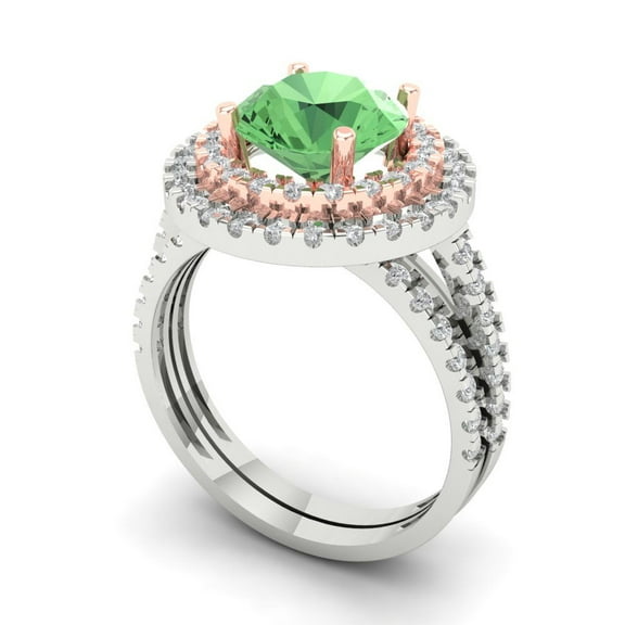 2.68 ct Brilliant Round Cut Green Zircon 18K White/Rose Gold Halo Solitaire with Accents Engagement Bridal Wedding Ring Band Set size 7