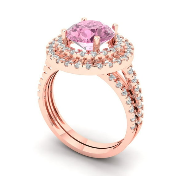 2.68 ct Brilliant Round Cut Pink Zircon 18K Rose Gold Halo Solitaire with Accents Engagement Bridal Wedding Ring Band Set size 10.5
