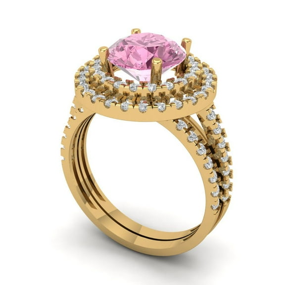 2.68 ct Brilliant Round Cut Pink Zircon 18K Yellow Gold Halo Solitaire with Accents Engagement Bridal Wedding Ring Band Set size 9