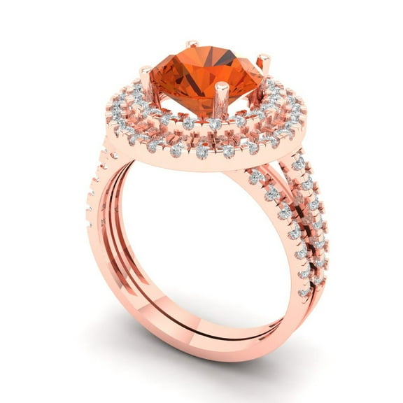 2.68 ct Brilliant Round Cut Red Zircon 18K Rose Gold Halo Solitaire with Accents Engagement Bridal Wedding Ring Band Set size 4.5