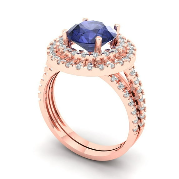 2.68 ct Brilliant Round Cut Tanzanite 14K Rose Gold Halo Solitaire with Accents Engagement Bridal Wedding Ring Band Set size 10.25