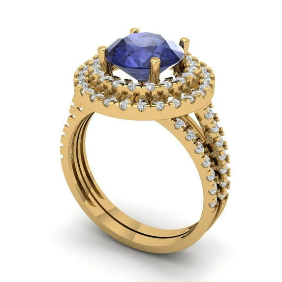 2.68 ct Brilliant Round Cut Tanzanite 14K Yellow Gold Halo Solitaire with Accents Engagement Bridal Wedding Ring Band Set size 5
