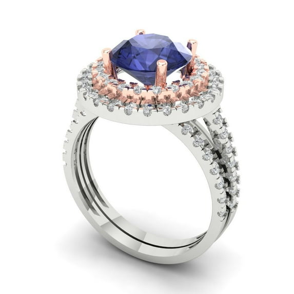 2.68 ct Brilliant Round Cut Tanzanite 18K White/Rose Gold Halo Solitaire with Accents Engagement Bridal Wedding Ring Band Set size 9.5