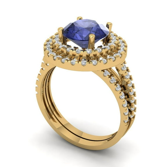 2.68 ct Brilliant Round Cut Tanzanite 18K Yellow Gold Halo Solitaire with Accents Engagement Bridal Wedding Ring Band Set size 11