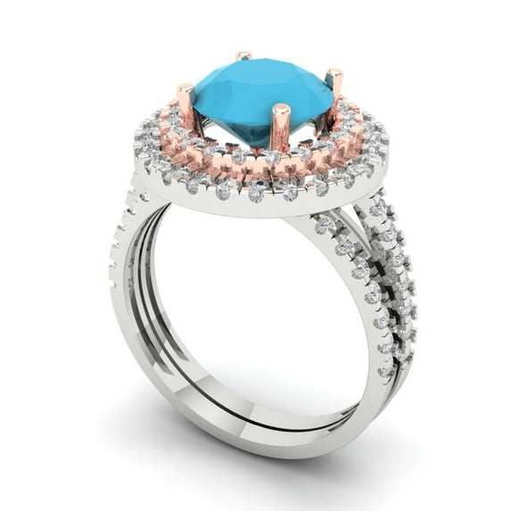 2.68 ct Brilliant Round Cut Turquoise 14k White/Rose Gold Halo Solitaire with Accents Engagement Bridal Wedding Ring Band Set size 5
