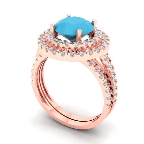 2.68 ct Brilliant Round Cut Turquoise 18K Rose Gold Halo Solitaire with Accents Engagement Bridal Wedding Ring Band Set size 6.75