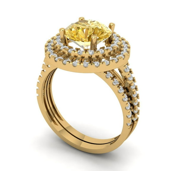 2.68 ct Brilliant Round Cut Yellow Zircon 18K Yellow Gold Halo Solitaire with Accents Engagement Bridal Wedding Ring Band Set size 5