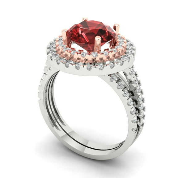 Clara Pucci 18K White/Rose Gold 2.73 Natural Garnet Engraveable Engagement Ring + Wedding Band Set