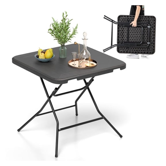 2.6FT Foldable Dining Table - Wood Grain HDPE Picnic Table - Portable Outdoor Camping Table - Black - Seats 4 - Easy Setup