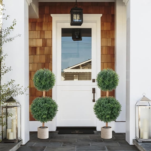 2.6FT Topiary Trees Artificial Outdoor Porch Plants Double Boxwood Topiary Ball with Ground Spike Set of 2 Faux Boxwoods for Outdoor Planters Front Door Entrance Garden Indoor Home