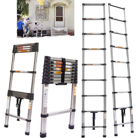 2.6M Telescopic Extension Ladder, Multi-Purpose Folding Telescoping Ladder, Heavy Duty Stainless Steel Portable Retractable Loft Ladder for Roof Work, Window Cleaning, Indoor Decorating