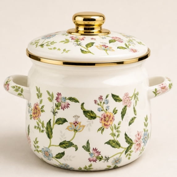 2.6QT Pastoral Soft Floral Enamel Soup Pot with Lid Dual Handles, Gold Rim All Stove Compatible Enamel Cooking Pot for Braise Congee