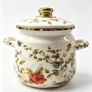 2.6QT Vintage Floral & Bird Enamel Stockpot with Lid, Dual Handles, Gold Trim Multi Stove Safe Cooking Pot for Soup Stew