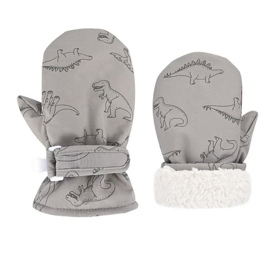 2-6Y Cartoon Plush Windproof Thickened Fleece Dinosaur Print Baby Mittens Winter Warm Gloves Skiing Snow Gloves Kids Gloves GREY L