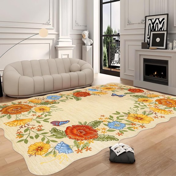 2*6ft/4*4ft/5*7ft/8*10ft/9*12ft/10*13ft Area Rug for Bedroom Machine Washable Non-Slip Low Pile Carpet Ultra Soft Indoor Modern Floral Accent Rug Stain-Resistant Lightweight Fade-Resistant Carpet