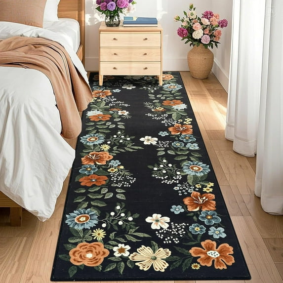 2*6ft/4*6ft/5*7ft/6*9ft/8*10ft Floral Washable Area Rug, Non-Slip Non-Shedding Living Room Rug, Low Pile Stain-Resistant Throw Carpet, Foldable Printed Soft Carpet for Entryway, Office