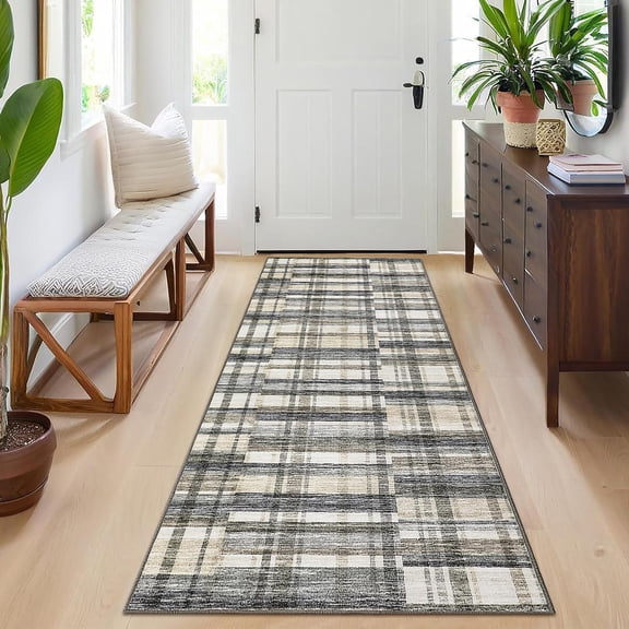 2*6ft/4*6ft/5*7ft/8*10ft/9*12ft/10*13ft Area Rug-Perfect for Living Room Bedroom Bedside Nursery Office, Low Pile Washable Neutral Soft Faux Wool Carpet, Non Slip Distressed Modern Plaid Area Rug