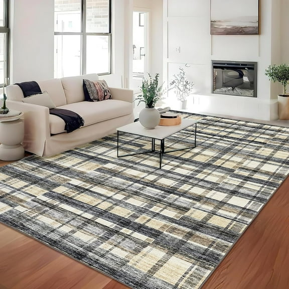 2*6ft/4*6ft/5*7ft/8*10ft/9*12ft/10*13ft Area Rug-Perfect for Living Room Bedroom Bedside Nursery Office, Low Pile Washable Neutral Soft Faux Wool Carpet, Non Slip Distressed Modern Plaid Area Rug