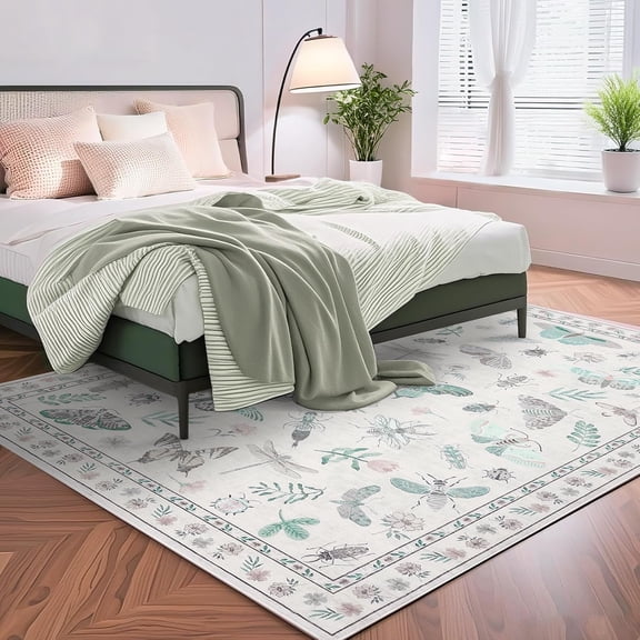 2*6ft/4*6ft/5*7ft/8*10ft/9*12ft/10*13ft Modern Floral Insect Area Rug Washable Rug Stain Resistant Throw Carpet Butterfly Print Low Pile Folding Floor Cover with Non-Slip Backing