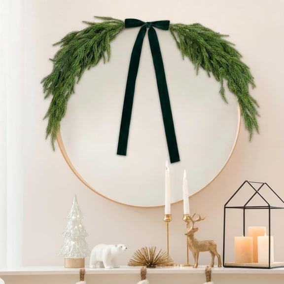 2.6ft Christmas Mirror Garland Artificial Norfolk Pine Swag for Mirror with Velvet Bow Faux Greenery Garlands Christmas Wreath for Xmas Home Door Mailbox Indoor Fireplace Decor(Dark Green)