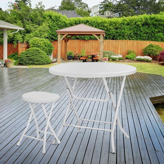 2.6ft Plastic Folding Dining Table, Portable Round Card Table with Steel Legs for Indoor Outdoor, Foldable Heavy Duty for Camping Party, White