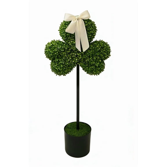 2.6ft St. Patrick's Day Boxwood Clover Topiary Outdoor, St. Patrick's Day Clover Shaped Topiary Trees, Artificial Clover Planter Pots With Bow Tie, Faux Fake Mini Greenery Indoor Porch Home Decor