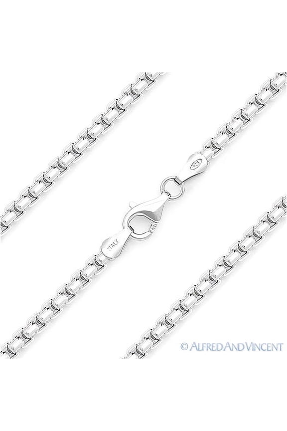 2.6mm Rounded Mirror-Box Link Italian Chain Necklace in .925 Sterling Silver w/ Rhodium