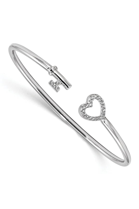 2.6mm Sterling Silver Rhodium-plated Cubic Zirconia Heart Pendant and Key Flexible Bangle Bracelet