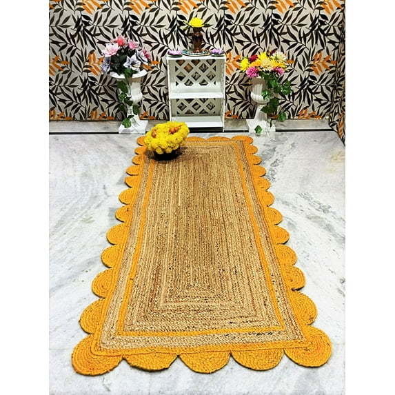 2.6x10 Ft Yellow & Natural Jute Premium Scalloped Jute Rug – Handcrafted Natural Braided Carpet for Living Room, Bedroom, Entryway – Boho Home Decor