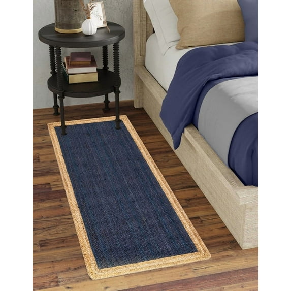 2.6x14 Ft Navy Blue Jute Area Rug, Hand-Woven, Reversible, Farmhouse Boho Style, Durable & Pet-Friendly Rug for Living Room, Dining Room, and Bedroom