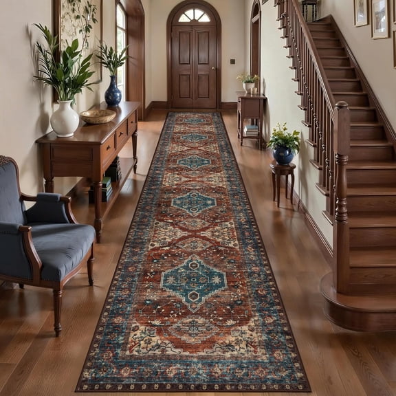 2.6x14 Oriental Runner Rug Non-Slip Washable, Boho Print Distressed Long Carpet, Rust Color