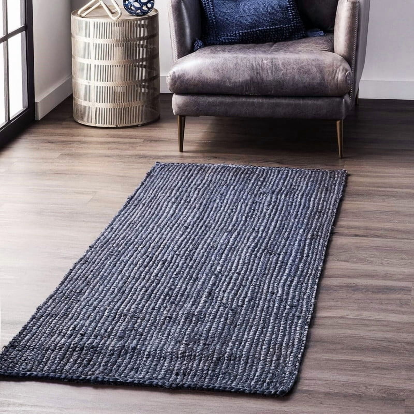 2.6x15 Ft Navy Blue Jute Area Rug, Hand-Woven, Reversible, Farmhouse Boho Style, Durable & Pet-Friendly Rug for Living Room, Dining Room, and Bedroom