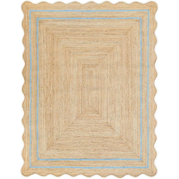 2.6x16 Ft Sky Blue Border Premium Scalloped Jute Rug, Handcrafted Natural Braided Carpet for Living Room, Bedroom, Entryway, Hallway etc.