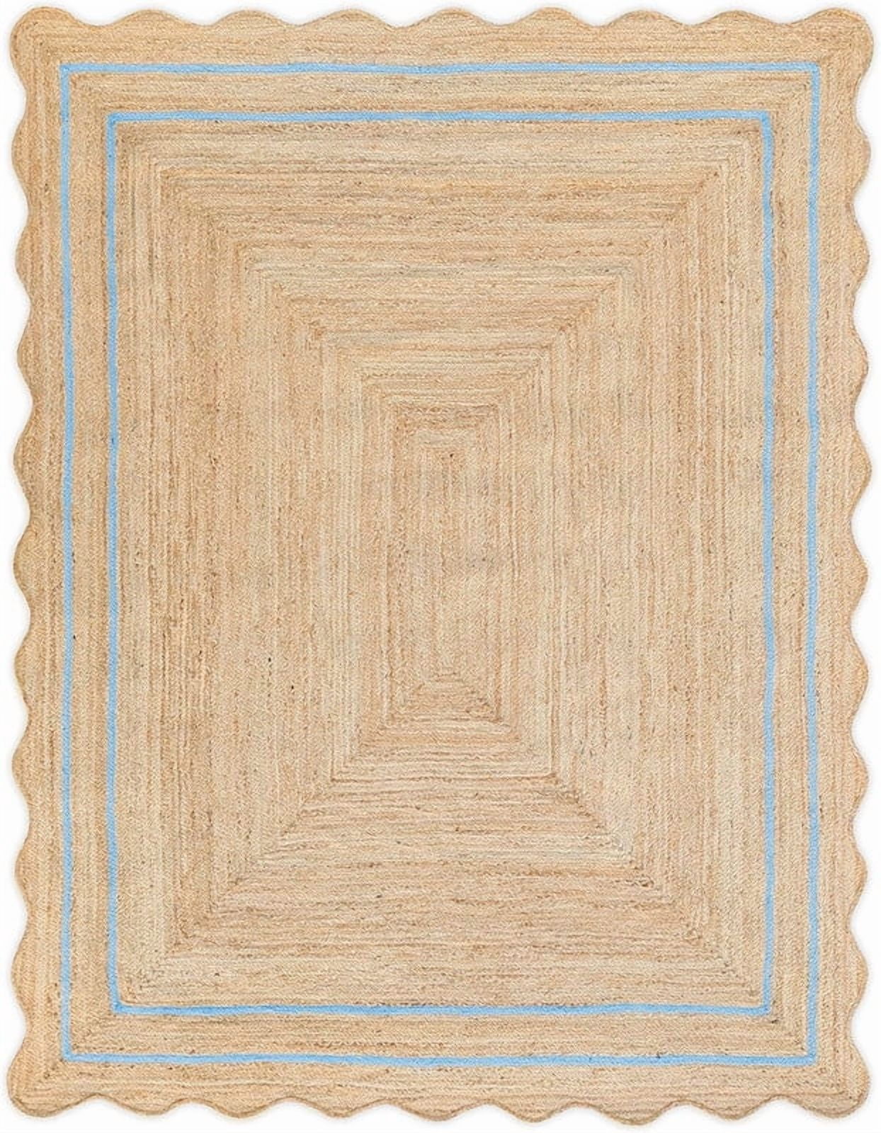 2.6x4 Ft Sky Blue Border Premium Scalloped Jute Rug – Handcrafted Natural Braided Carpet for Living Room, Bedroom, Entryway – Boho Home Decor