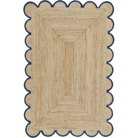 2.6x5 Ft Navy Blue Border Premium Scalloped Jute Rug – Handcrafted Natural Braided Carpet for Living Room, Bedroom, Entryway – Boho Home Decor