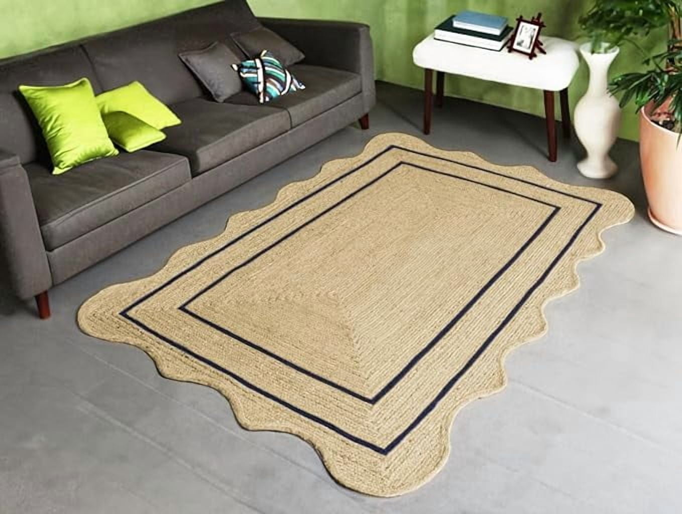 2.6x5 Ft Navy Blue Border Premium Scalloped Jute Rug, Handcrafted Natural Braided Carpet for Living Room, Bedroom, Entryway, Hallway etc.