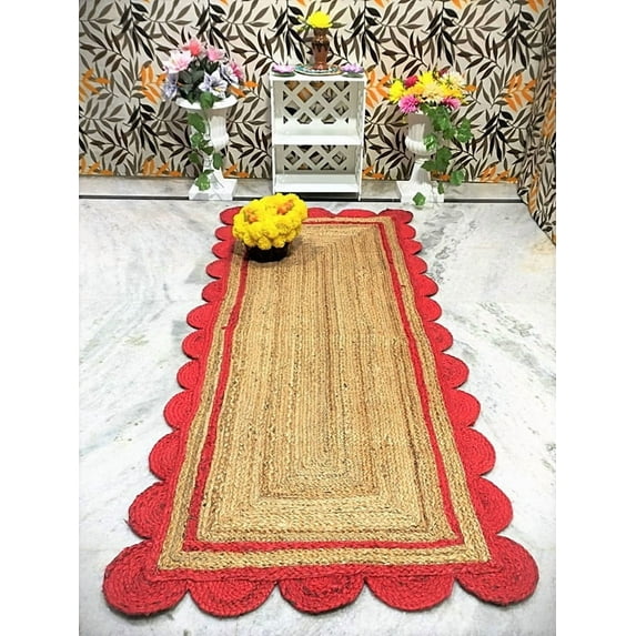 2.6x5 Ft Red & Natural Jute Premium Scalloped Jute Rug – Handcrafted Natural Braided Carpet for Living Room, Bedroom, Entryway – Boho Home Decor