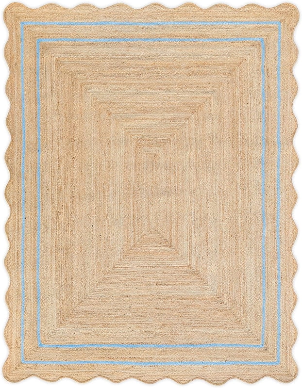 2.6x7 Ft Sky Blue Border Premium Scalloped Jute Rug, Handcrafted ...