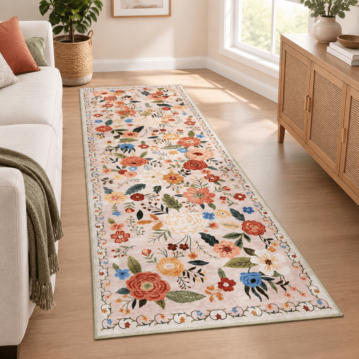 2.6x8 Washable Runner Rug Beige Boho Flfor Hallway Kitchen Bedroom ...