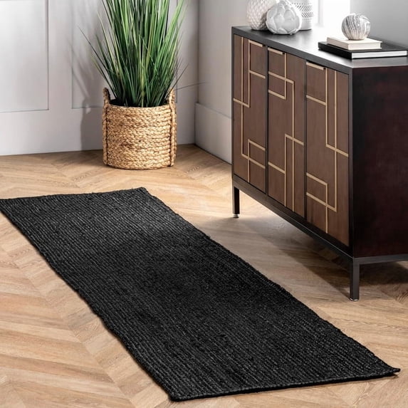 2.6x9 Ft Black Jute Area Rug | Handmade | Solid Farmhouse Design | Natural Jute Rug for Living Room | Dining Room | Bedroom | Kitchen | Hallway | Entryway