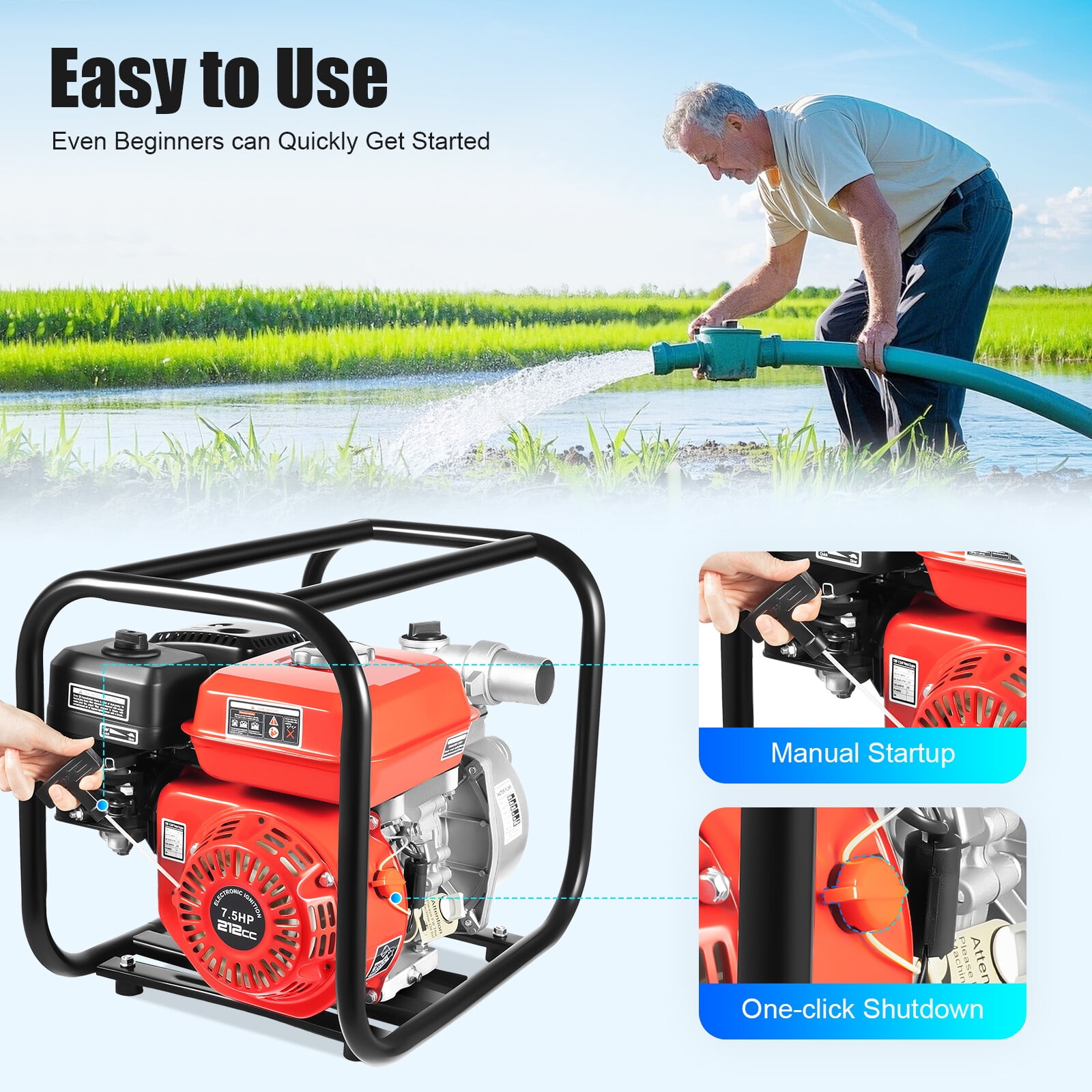 2" 7.5HP Gas Powered Water Pump, 212cc 4-Stroke Gasoline Engine Water Pump with 24.61 ft Hose Portable Gasoline Engine Water Pumps for Farmland Watering, Garden Irrigation
